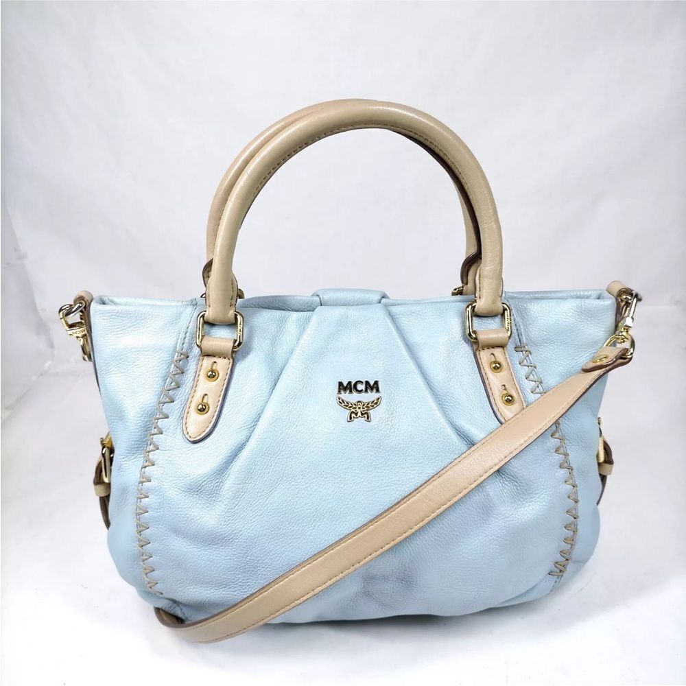 Auth MCM Light Blue Leather Tan Trim 2way Saddle Hobo Bag Satchel Preloved Purse